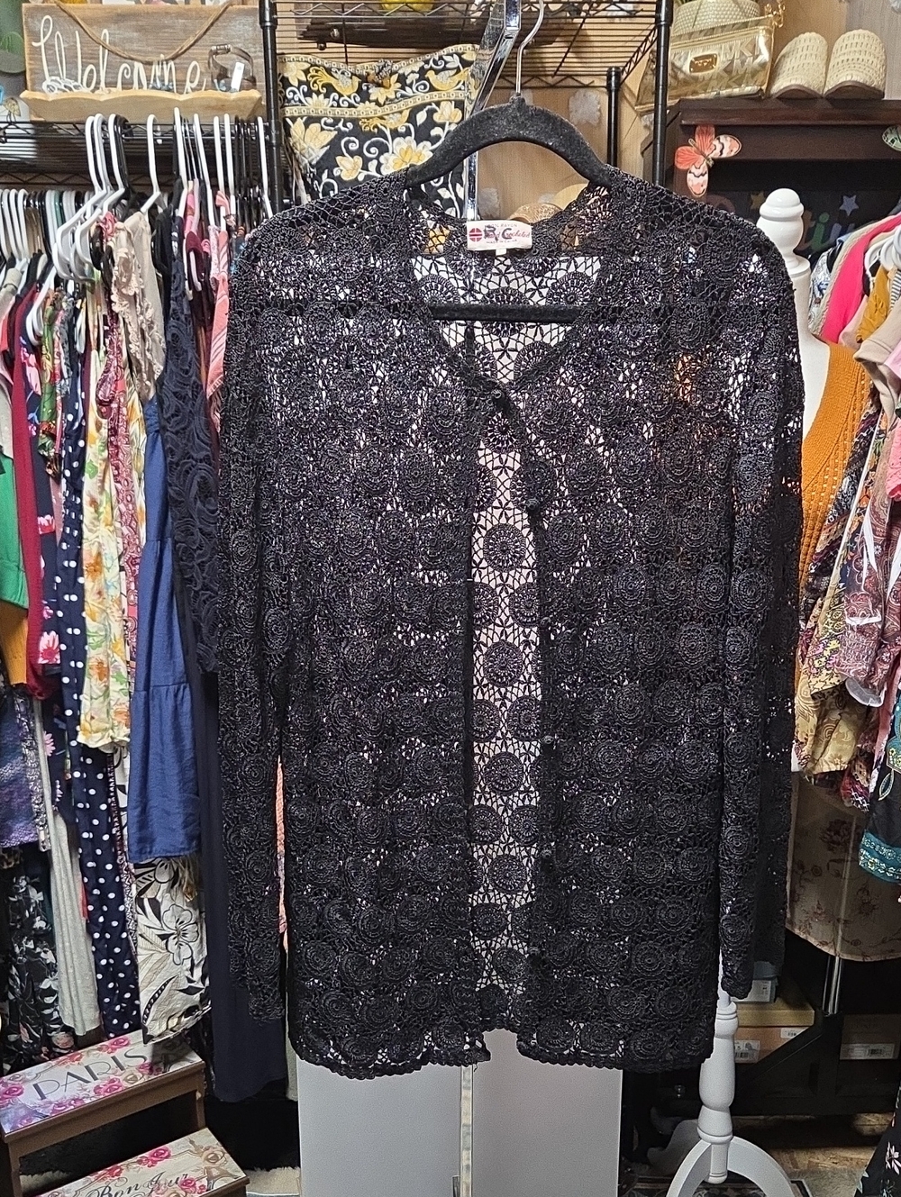 Openwork Crochet Cardigan - Black